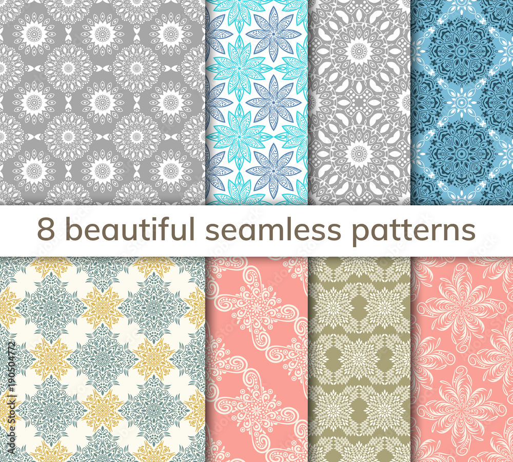 Set of 8 patterns. Collection arabic, indian, japanese, islamic motifs. Mandala seamless pattern. Set of 8 patterns. Collection arabic, indian, japanese, islamic motifs. Mandala seamless pattern.