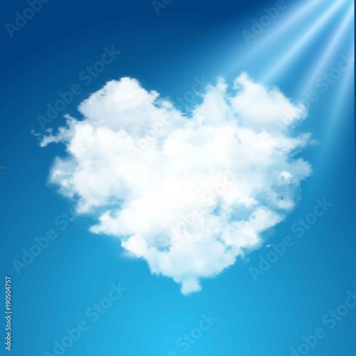 Realistic vector cloud heart on beautiful blue sky with sun. Flare, sunshine.