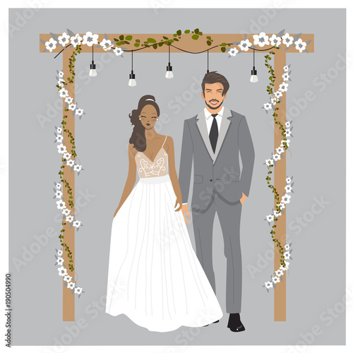 cute glamour wedding couple Illustration. Bride and Groom isolated in vector. Elegant dresses cartoon illustration
