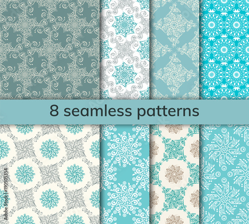 Set of 8 patterns. Collection arabic, indian, japanese, islamic motifs. Mandala seamless pattern.