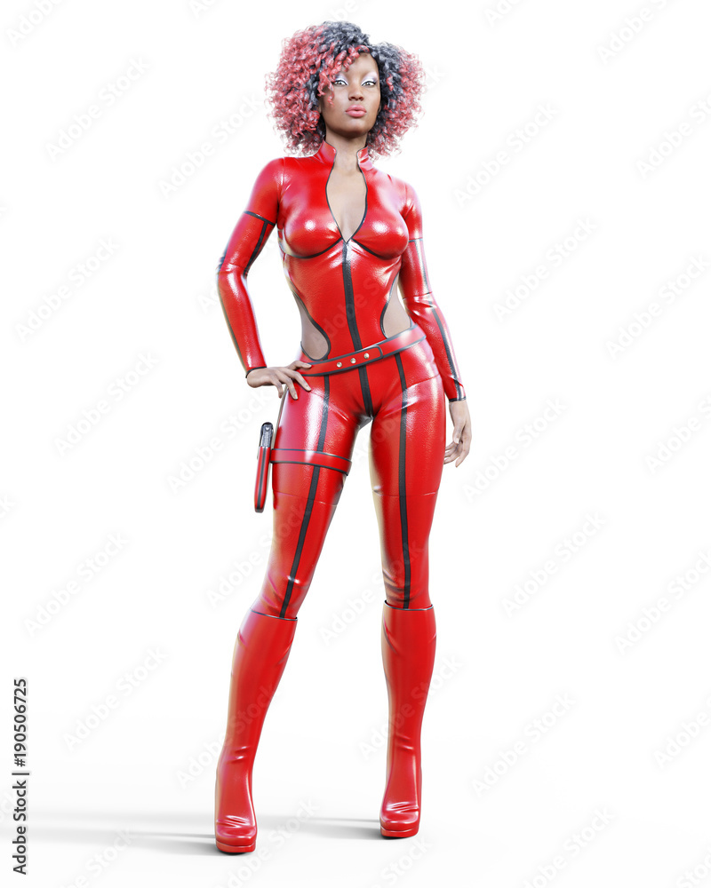 3D beautiful tall woman in leather red bodysuit. Latex tight fitting suit. Gun in holster. Girl studio photography. High heel. Conceptual fashion art. Seductive candid pose. Realistic illustration. 