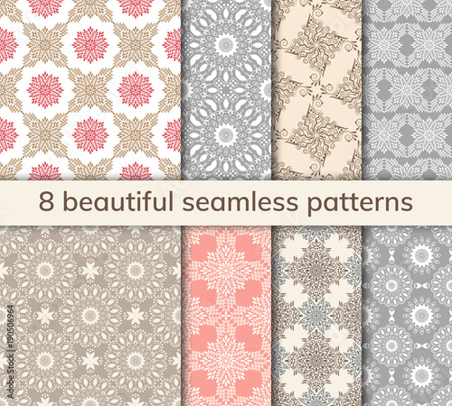 Set of 8 patterns. Collection arabic, indian, japanese, islamic motifs. Mandala seamless pattern.