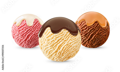 Billede på lærred Mix creamy, strawberry, chocolate ice cream scoop with sauce, toffee, vanilla, c