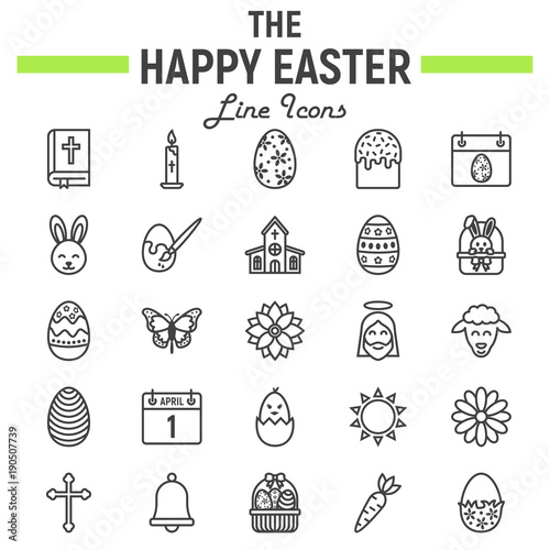 Happy Easter line icon set, holiday symbols collection, vector sketches, logo illustrations, celebration signs linear pictograms package isolated on white background, eps 10.