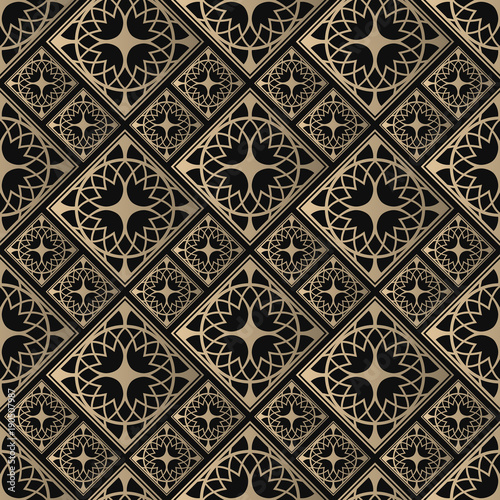 Seamless pattern oriental ornament. Black and golden textile print. Islamic vector design. Floral tiles.