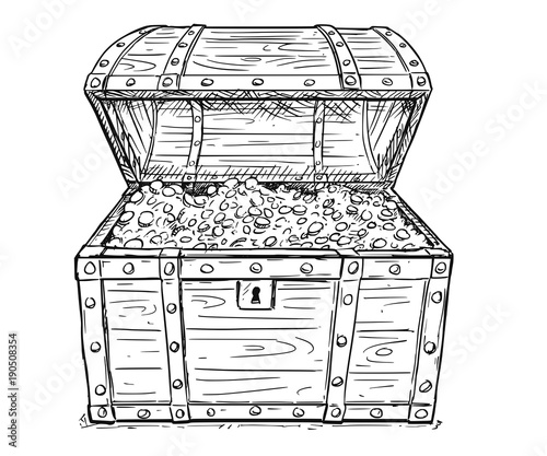 Cartoon vector doodle drawing illustration of old wooden pirate treasure chest full of gold or silver coins inside. Business concept of success and wealth.