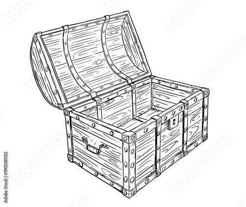 Cartoon vector doodle drawing illustration of old wooden empty open pirate treasure chest or trunk. Business concept of crisis and bankrupt.