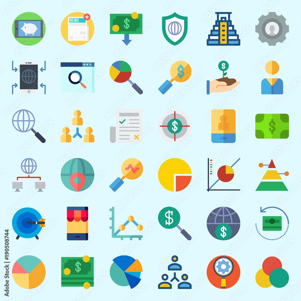 Icons set about Marketing with search, internet, shield, settings, pie chart and user Icons set about Marketing with search, internet, shield, settings, pie chart and user