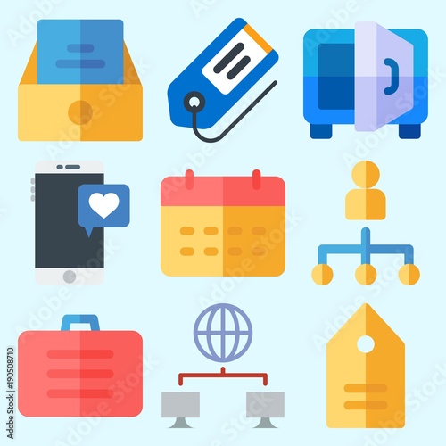 Icons set about Business with inbox, networking, suitcase, smartphone, network and safebox