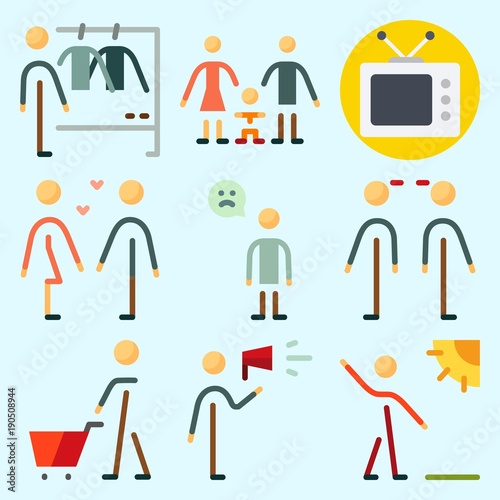Icons set about Human with shopping, fashion, television, walker, boyfriend  and relations