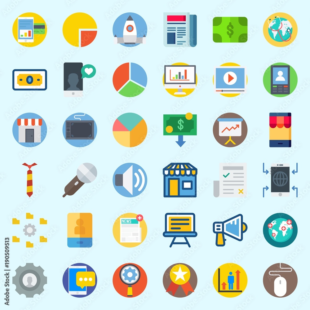 Icons set about Digital Marketing with missile, money, pie chart, megaphone, volume and microphone