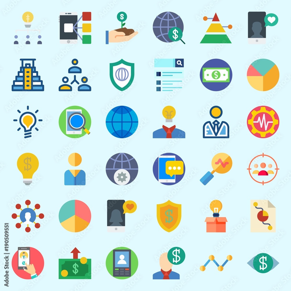 Icons set about Marketing with search, line graph, pie chart, idea, networking and vision Icons set about Marketing with search, line graph, pie chart, idea, networking and vision