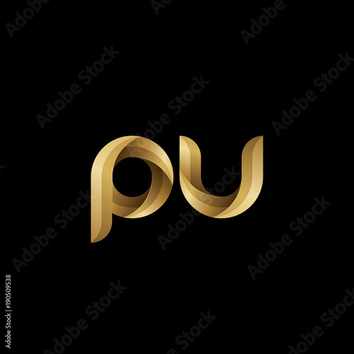 Initial lowercase letter pu, swirl curve rounded logo, elegant golden color on black background