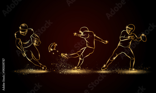 American football players set. Golden linear football player illustration for sport banner, background and flyer.