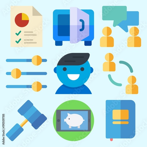 Icons set about Business with smartphone, network, safebox, levels, notebook and conversation