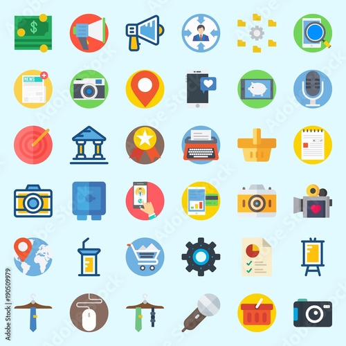 Icons set about Digital Marketing with tie, note, pie chart, placeholder, newspaper and target
