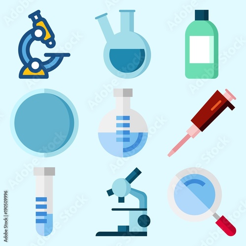 Icons set about Laboratory with microscope, jar, watch glass, loupe, test tube and condenser