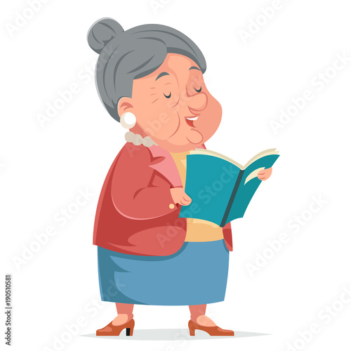 Book Reading Grandmother Old Woman Granny Character Adult Icont Cartoon Design Vector Illustration