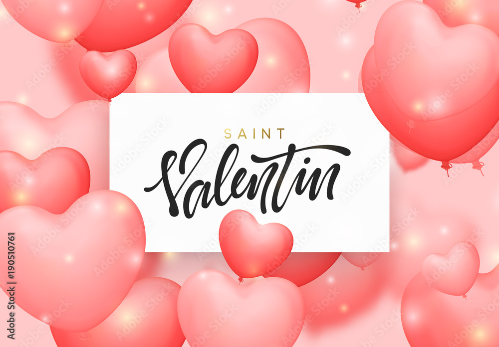 Saint valentin background with pink color balloons in the form of hearts. Holiday greeting card, typography poster, banner vector illustration
