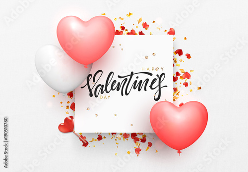 Valentines day background with balloons shape heart. Love banner, poster, label promo sale, vector illustration