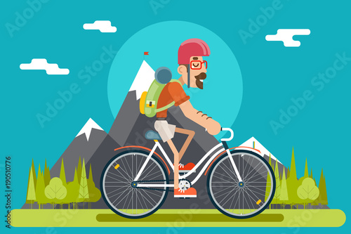 Mountain Ride Bicycle Geek Hipster ycling Travel Nature Lifestyle Concept Planning Summer Vacation Tourism Forest Journey Symbol Man Bike Flat Design Template Vector Illustration photo