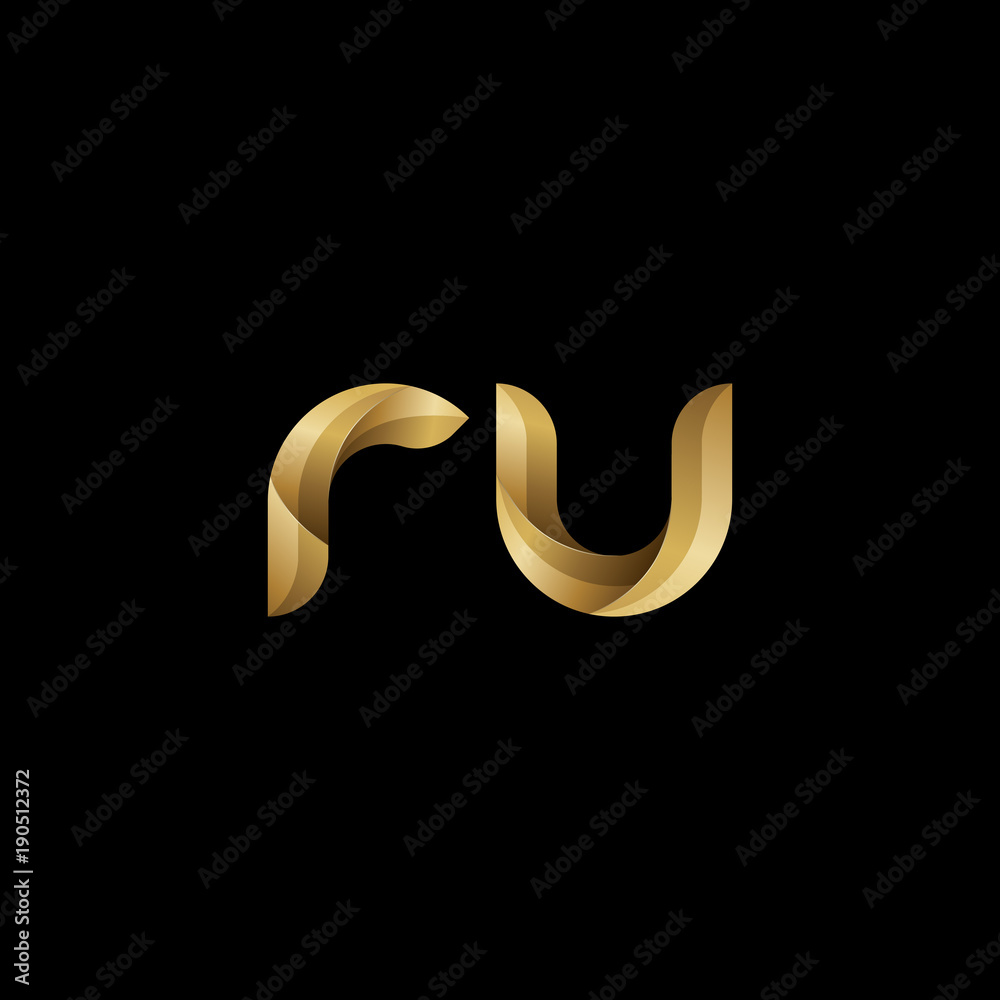 Obraz premium Initial lowercase letter ru, swirl curve rounded logo, elegant golden color on black background