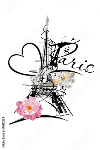 Design with the Eiffel tower and hearts, flowers. Hand drawn illustration.