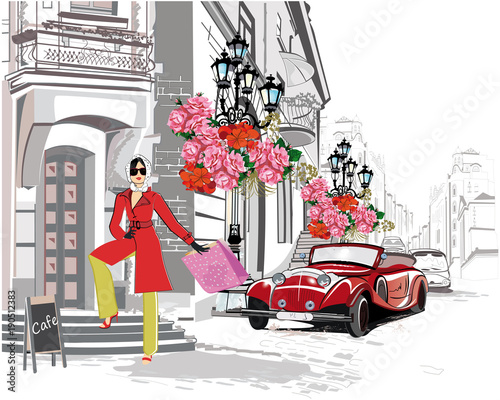 Plakat Moda dziewczyna w kapeluszu i płaszcz zakupy na ulicy starego miasta. Retro samochód. Ręcznie rysowane wektor architektoniczne tło z zabytkowymi budynkami.