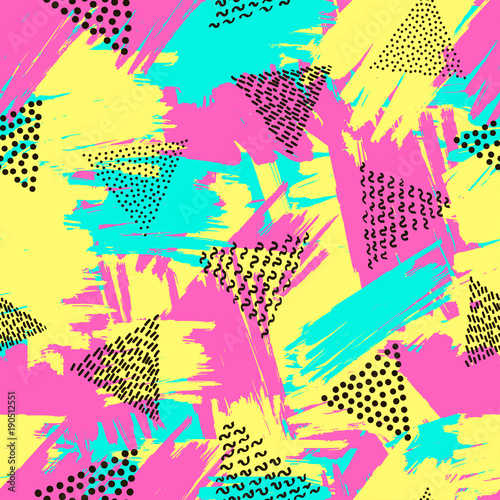 Colorful seamless pattern from triangles on the bright brush strokes background. 80's - 90's years design style.