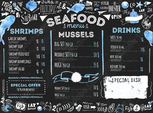 Seafood menu with sketch fish and lettering. Identity for restaurant and cafe. Hand drawn Design template with hand-drawn illustrations on dark chalkboard