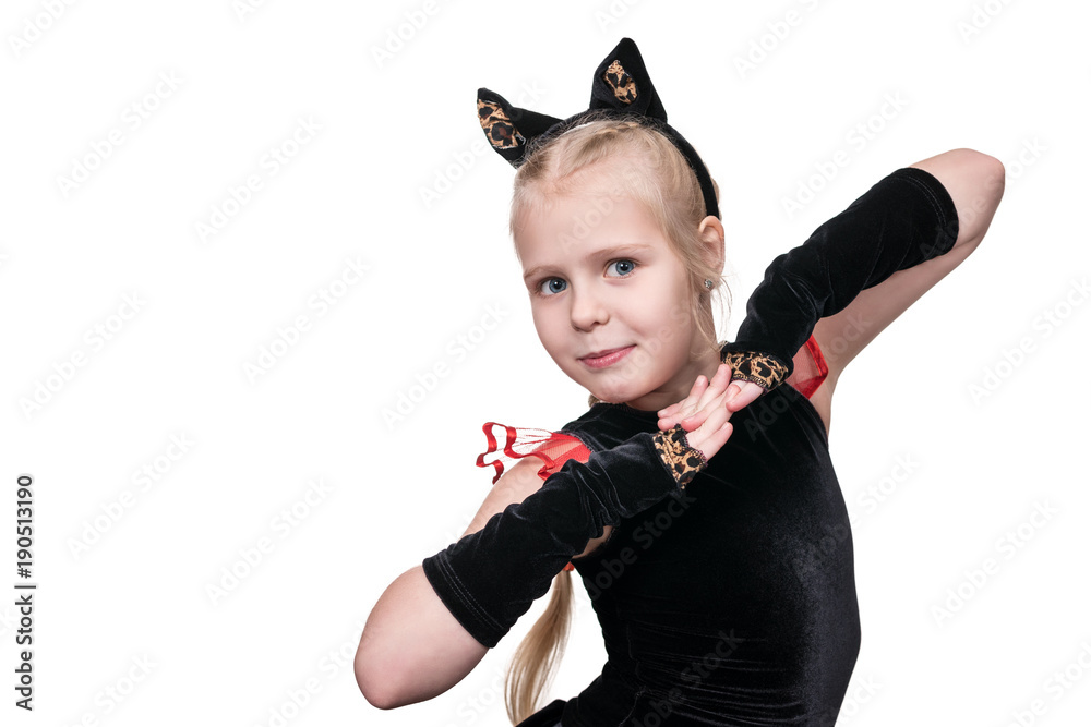 Little beautiful cute little girl in a cat costume isolated on a white ...