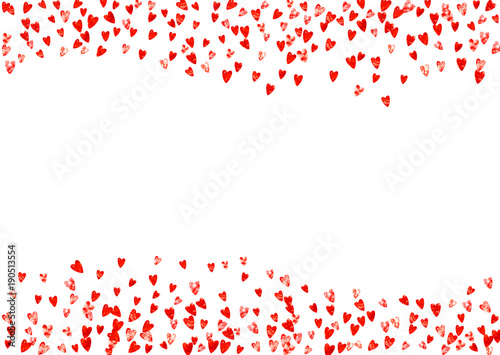 Valentine day border with red glitter sparkles. February 14th day. Vector confetti for valentine day border template. Grunge hand drawn texture. Love theme for party invite, retail offer and ad.