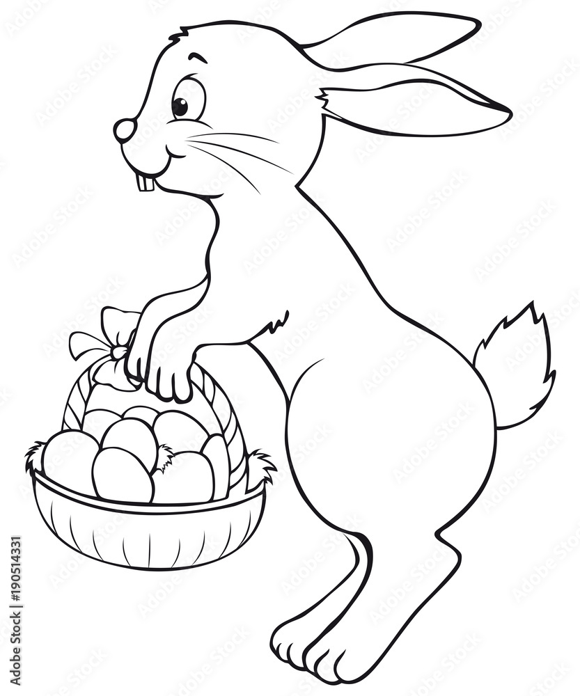 cute jumping easter bunny with easter basket coloring page – Stock ...