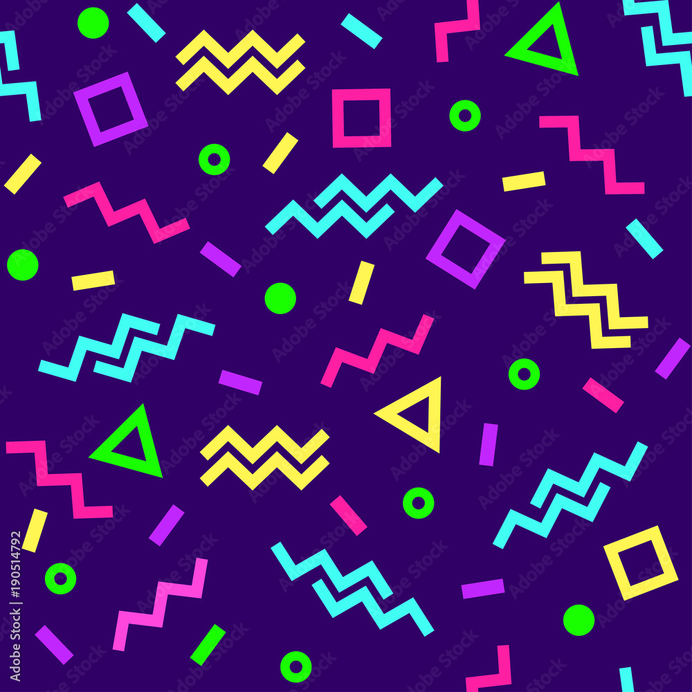 Bright geometric seamless pattern, memphis style, colorful shapes on dark purple background. Neon colors. Vector illustration Bright geometric seamless pattern, memphis style, colorful shapes on dark purple background. Neon colors. Vector illustration