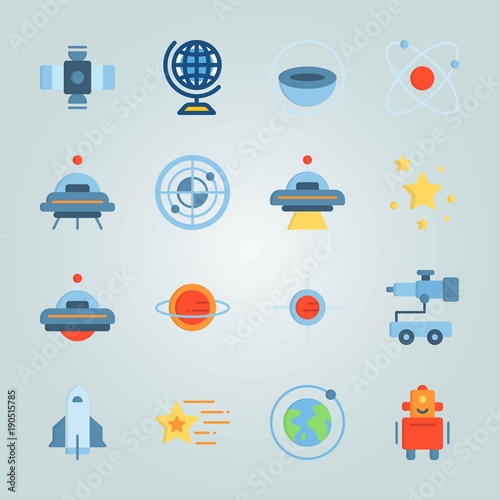 Icon set about Universe. with stars, moon and system of planets