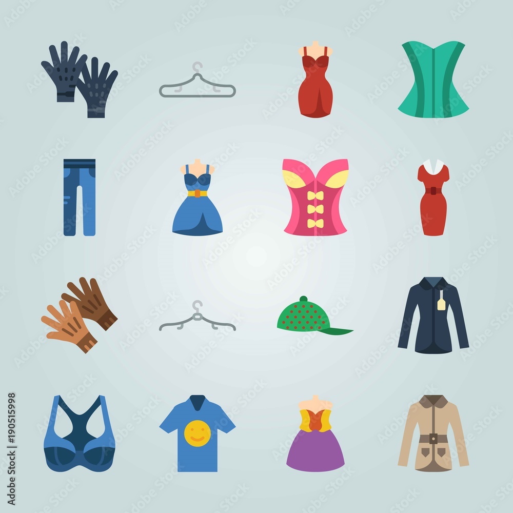 Icon set about Clothes And Accessories. with dress, cap and gloves