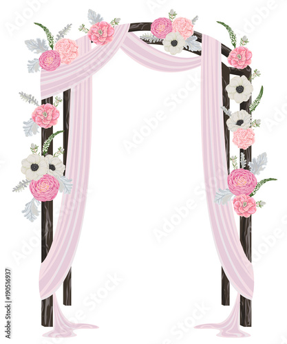 Beautiful wedding arch with flowers, leaves and branches. Vintage floral design. Vector illustration in watercolor style