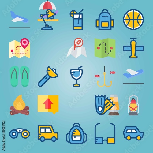 Icon set about Beach And Camping. with school backpack, arrival and direction