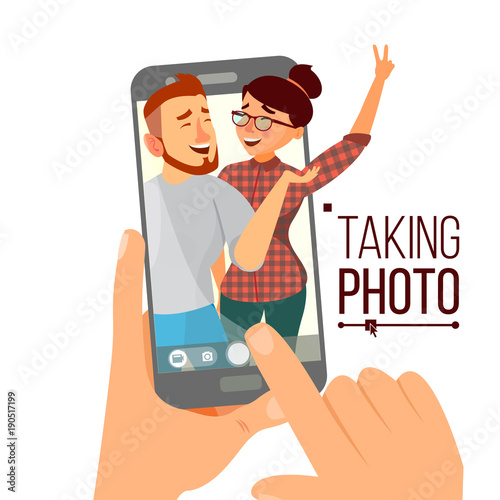 Taking Photo On Smartphone Vector. Smiling People. Modern Friends Taking Vertical Selfie. Hand Holding Smartphone. Camera Viewfinder. Friendship Concept. Isolated Flat Cartoon Illustration