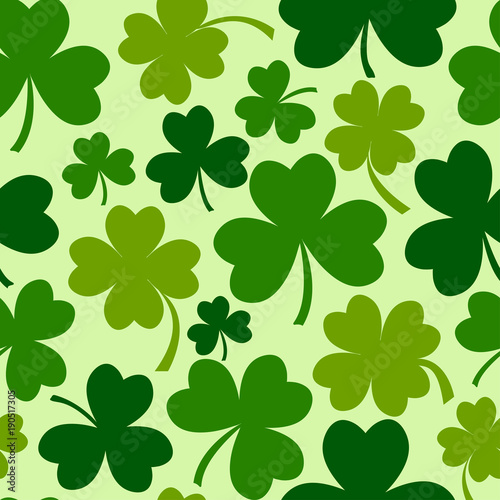 Green seamless pattern with four and tree leaf clovers for Saint Patrick's Day. Vector illustration