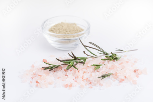 Pink Sea Salt Herb Rosemary on White Background background photo