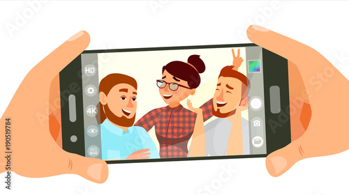 Taking Photo On Smartphone Vector. Smiling People. Modern Friends Taking Horizontal Selfie. Hand Holding Smartphone. Camera Viewfinder. Friendship Concept. Isolated Flat Cartoon Illustration
