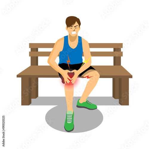 Runner with injured knee crying with painful, cartoon flat-style vector illustration.