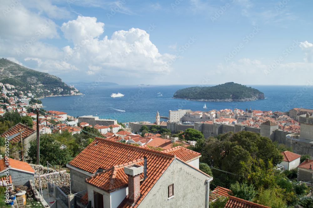 View onto Lokrum Island and Old Town of Dubrovnik from Lookout Point, Croatia