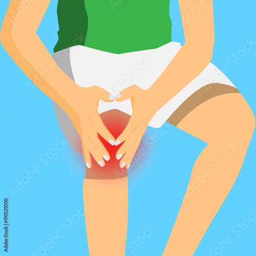 Young man suffering from pain in knee while running in the park, cartoon flat-style vector illustration.