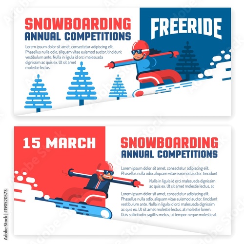 Snowboard horizontal flyers, invitations, tickets. Two design options - with snowboarder man and girl.