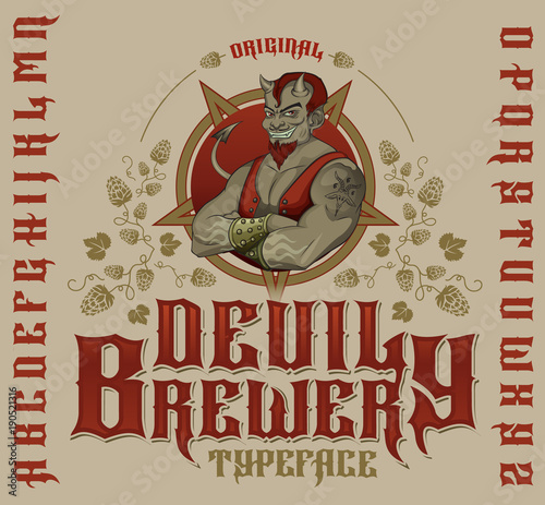 Retro font set with hops ornament, devil and pentagram for making label design.