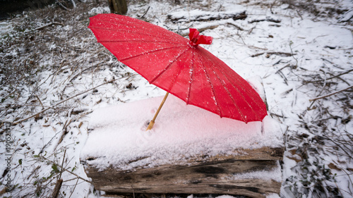 red Japanese umbrella on snowy log