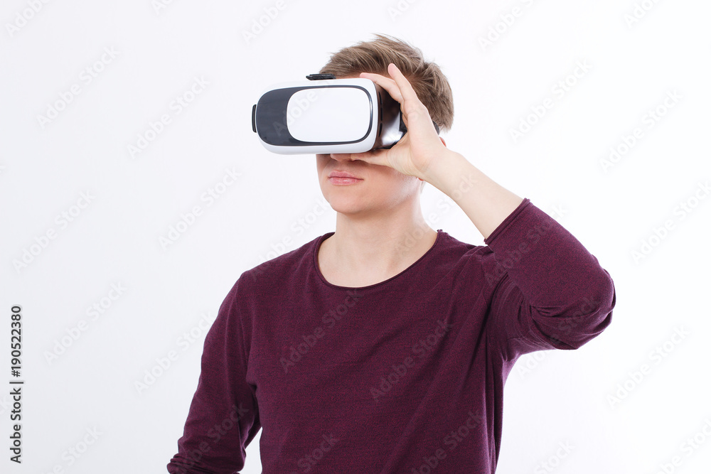 Man in vr glasses isolated on white background. Copy space Man in vr glasses isolated on white background. Copy space