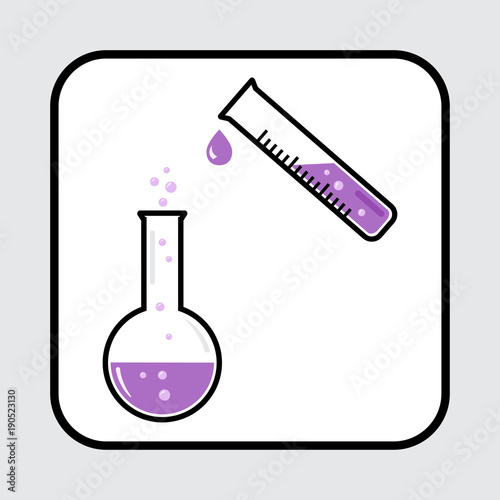 Chemical flask with bubbles and test tube with drop. Medical and chemical icon. Vector illustration